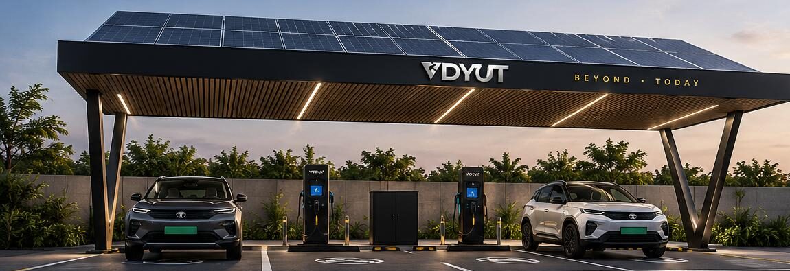 Concept render of a VDYUT signature solar shed: a solar-panel canopy over two EV chargers and parked electric SUVs at dusk